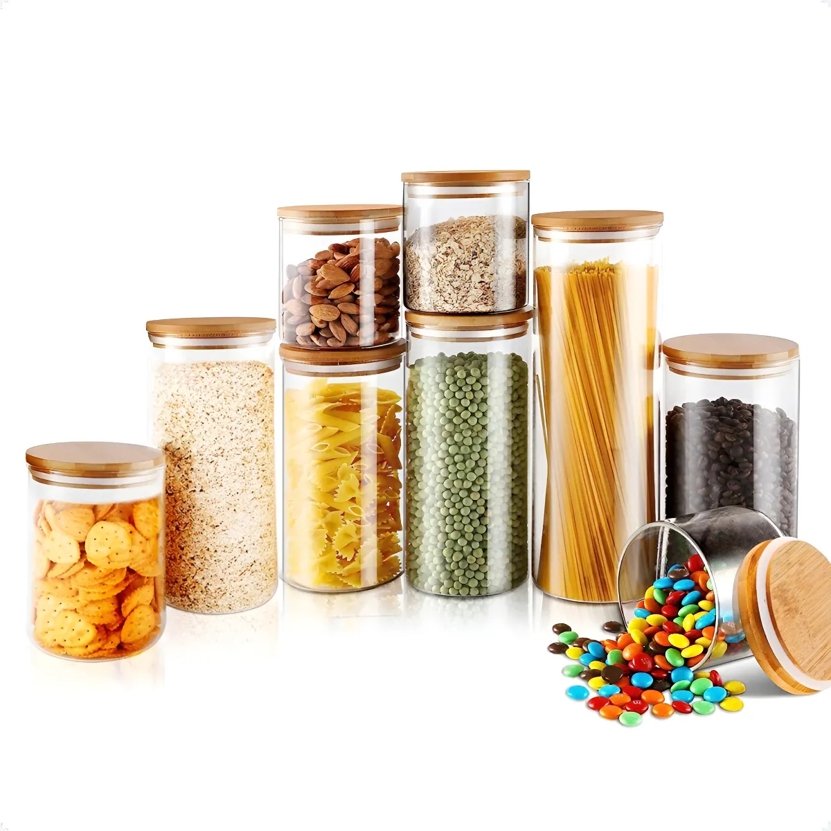 Kit 9 Potes Mantimentos Vidro Herméticos Com Tampa Bambu Alta Resistência Epsilon EPS-709