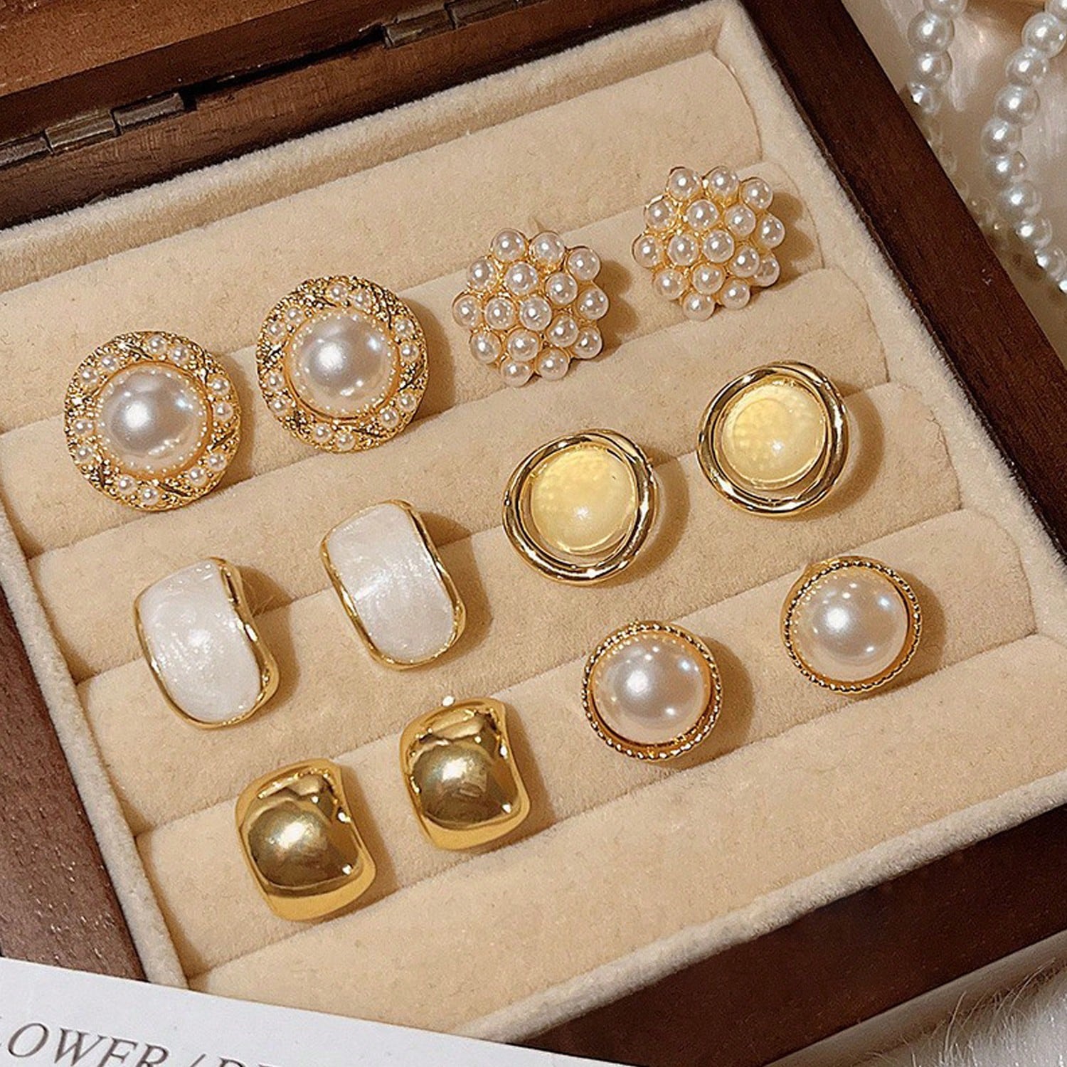 12 Peças Brincos Argola Redonda Elegantes de Pérola Falsa Vintage