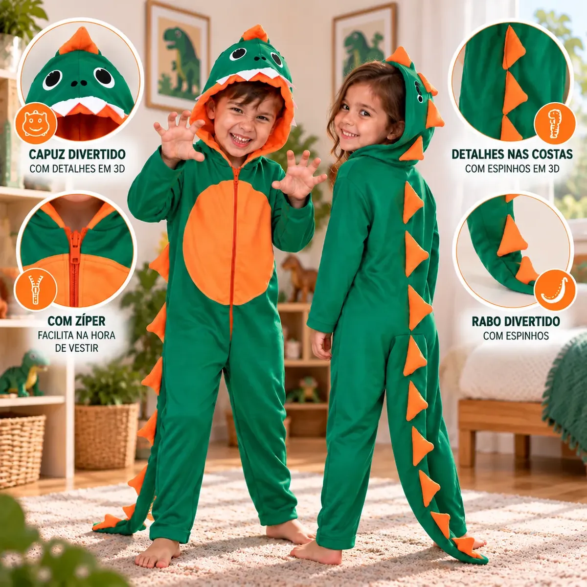 Fantasia Dinossauro Infantil Menino Luxo Longo Verde