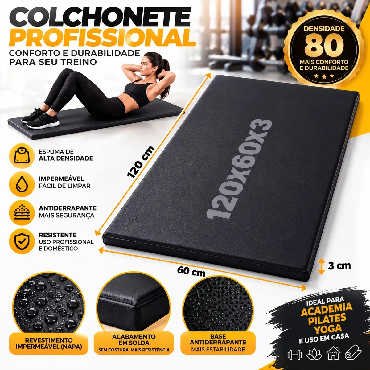 Colchonete Extra Grande 120x60 Abdominal Colchonete Academia Preto pilates yoga tapete funcional feito em espuma resistente grossa