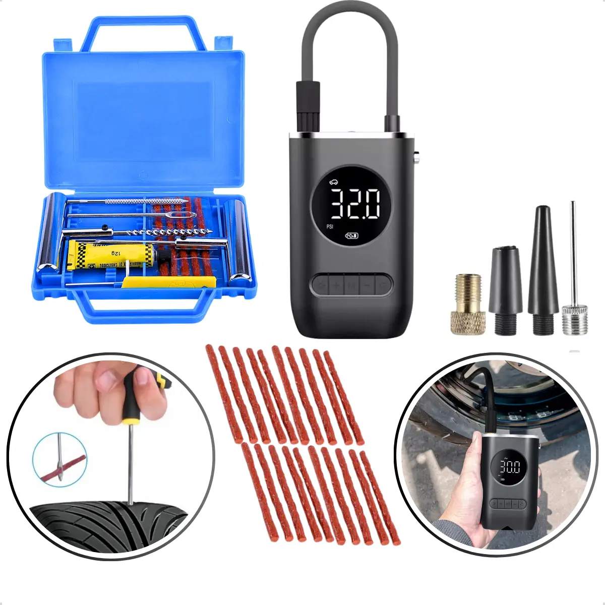Kit Reparo Pneu Macarrão Maleta + Mini Compressor Carro/Moto