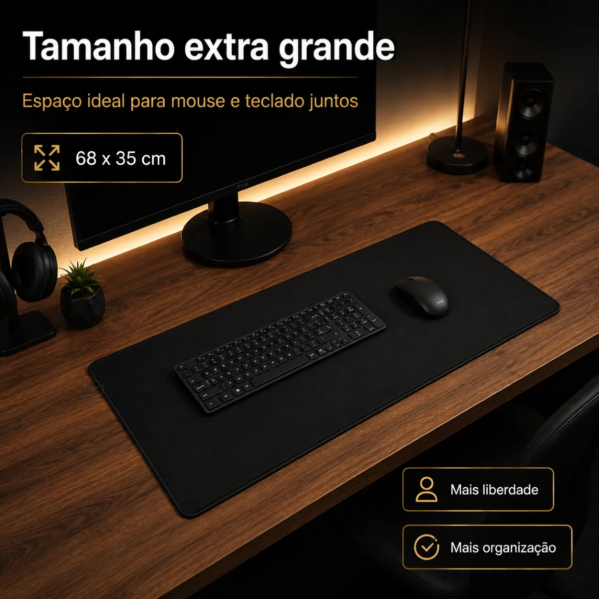 Mousepad Gamer Grande Preto Liso Sem Estampa Costurada