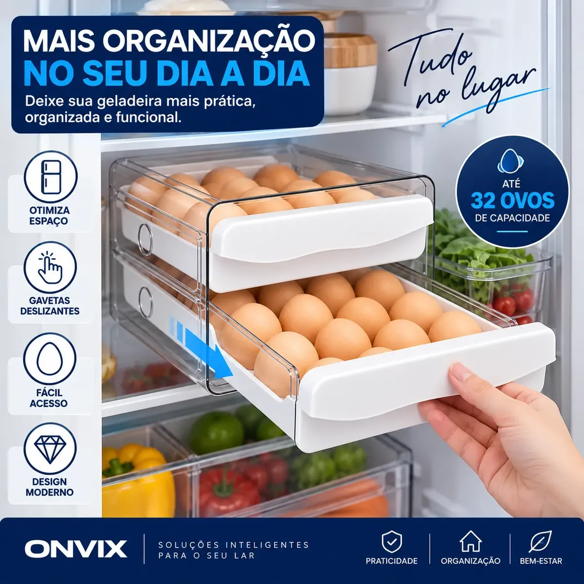 Porta Ovos Organizador Duplo 32 Unidades Com Gavetas Premium