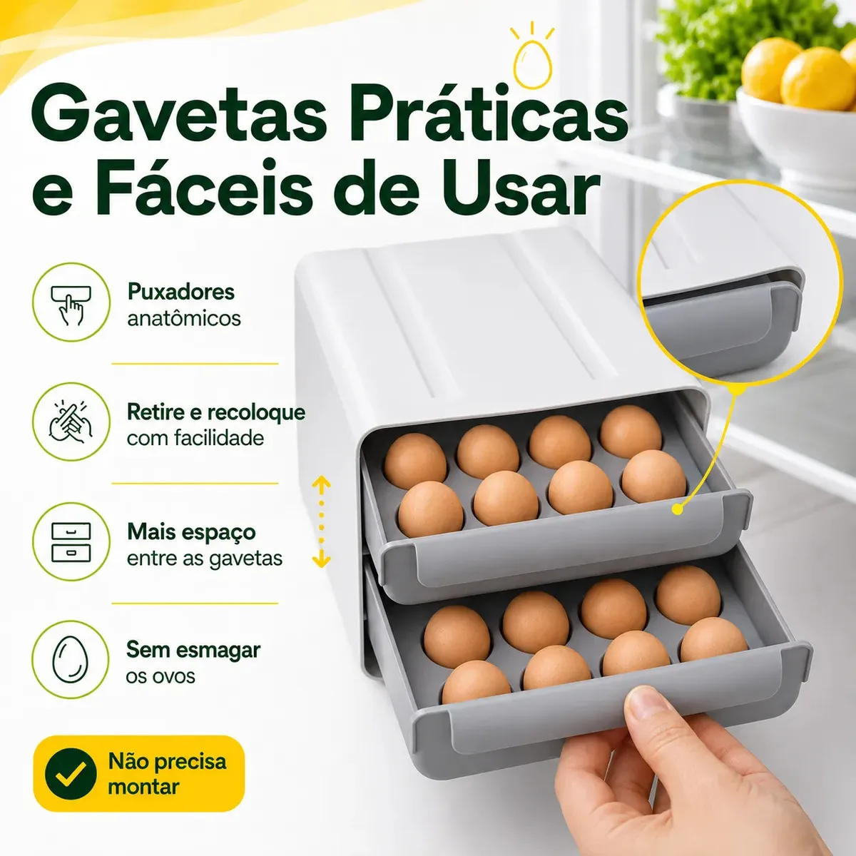 Porta Ovos Geladeira 32 Ovos Organizador com Tampa e 2 Gavetas Deslizantes Caixa Organizadora para Cozinha