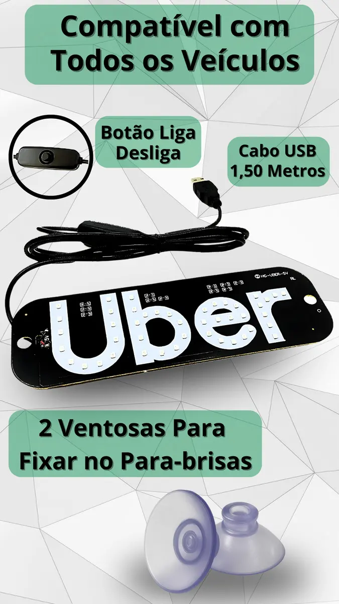 Placa Uber Ventosa Led Identificação Motorista Aplicativo
