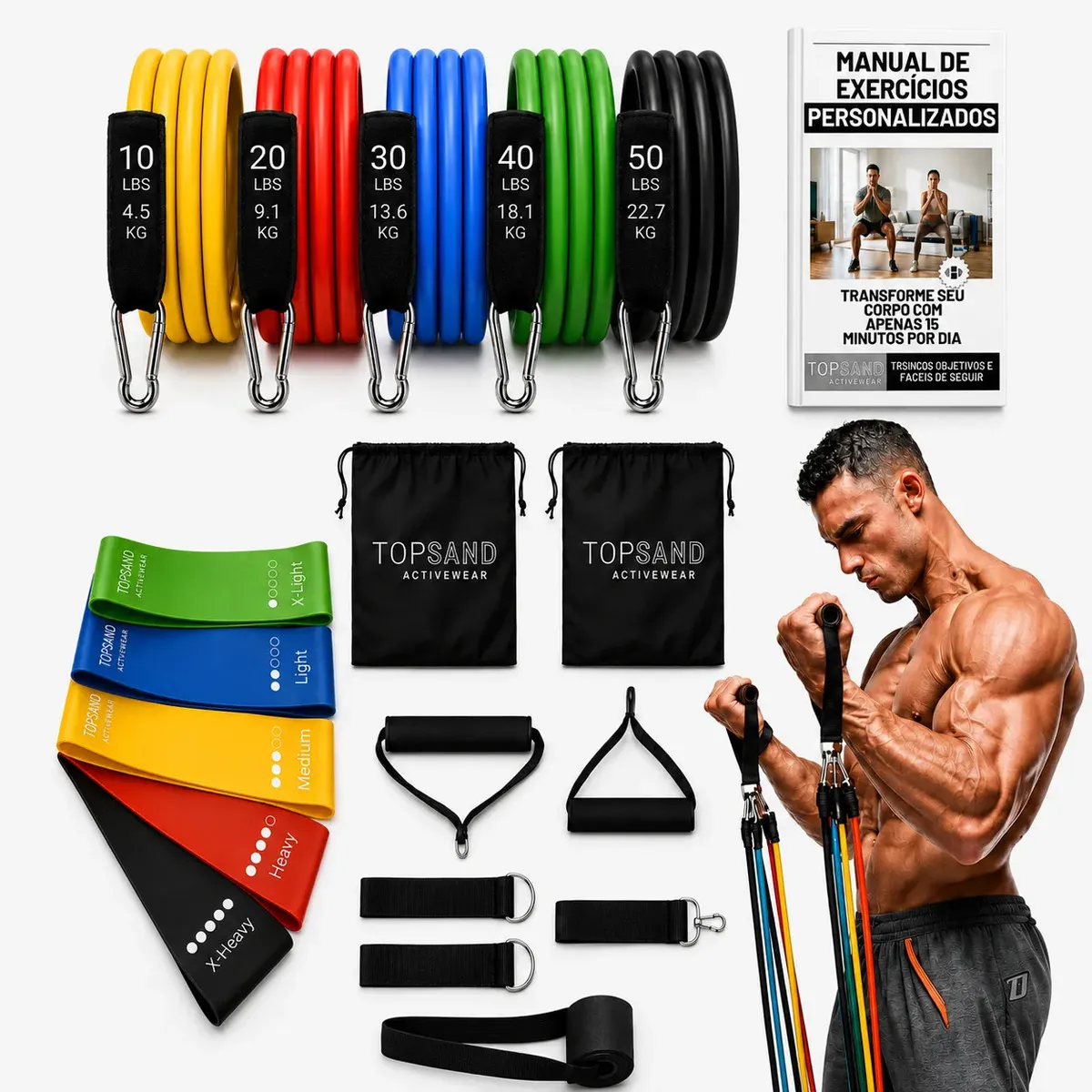 Kit 18 Itens Esportivos Para Treino Em Casa Academia Fitness Funcional Com Elásticos Extensor Puxadores Faixas Elásticas Mini Band