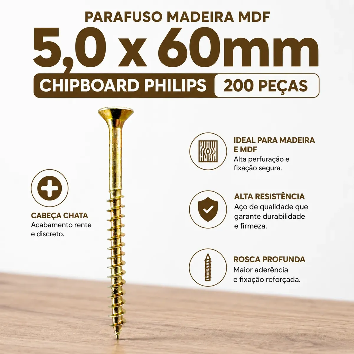 Parafuso Madeira Philips 5,0 X 60 Cabeça Chata 200 Unidades