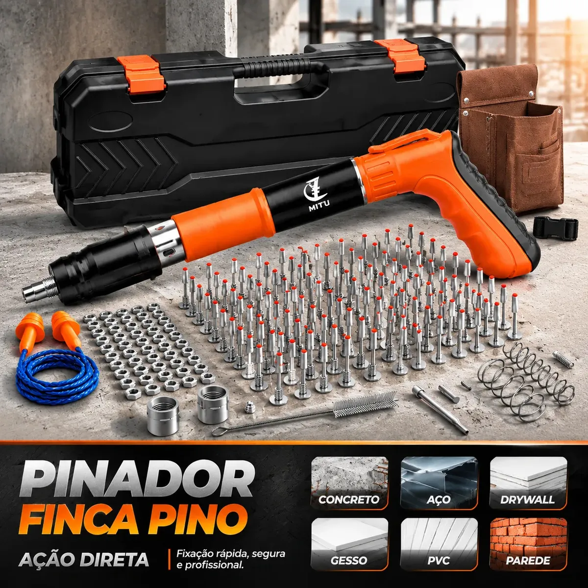 Pistola Fixação Manual Mitu para Concreto, Aço e Drywall com Kit 50 Pregos e Maleta