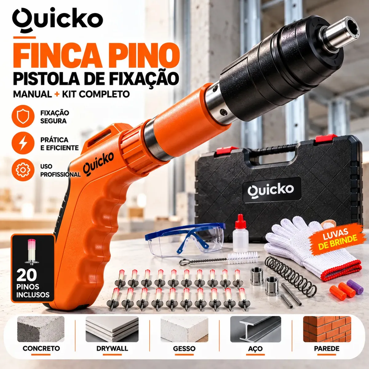 Pistola Finca Pino Fixação Ação Direta Manual Kit 20 Pinos Maleta EPI Pinador Pregador