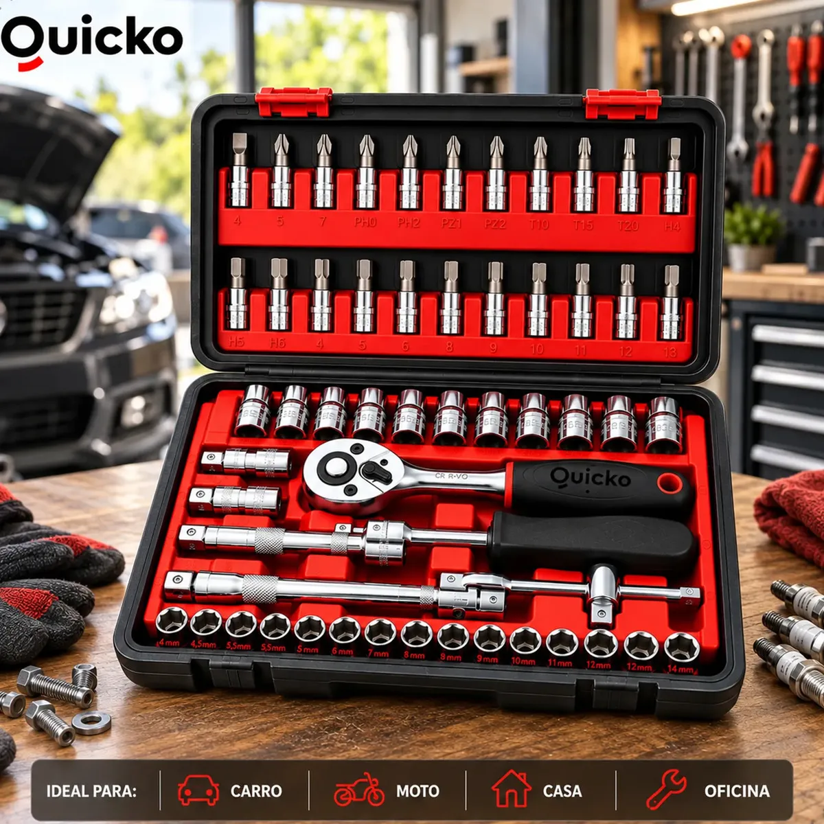Kit Ferramentas 46 Peças Jogo Chaves Catraca Soquetes Allen Torx Fenda Phillips Maleta Completa Quicko