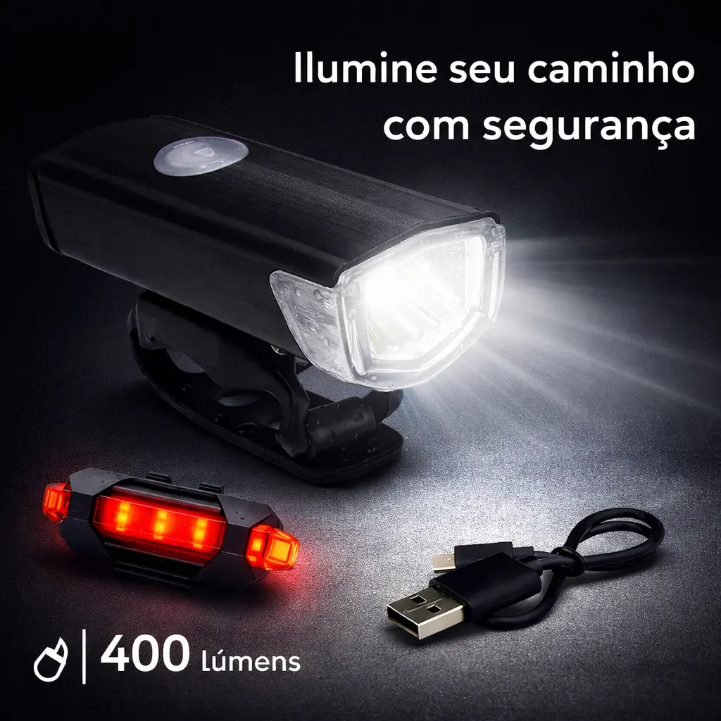 Kit Farol E Lanterna Recarregável Led 400 Lúmens Usb Bike
