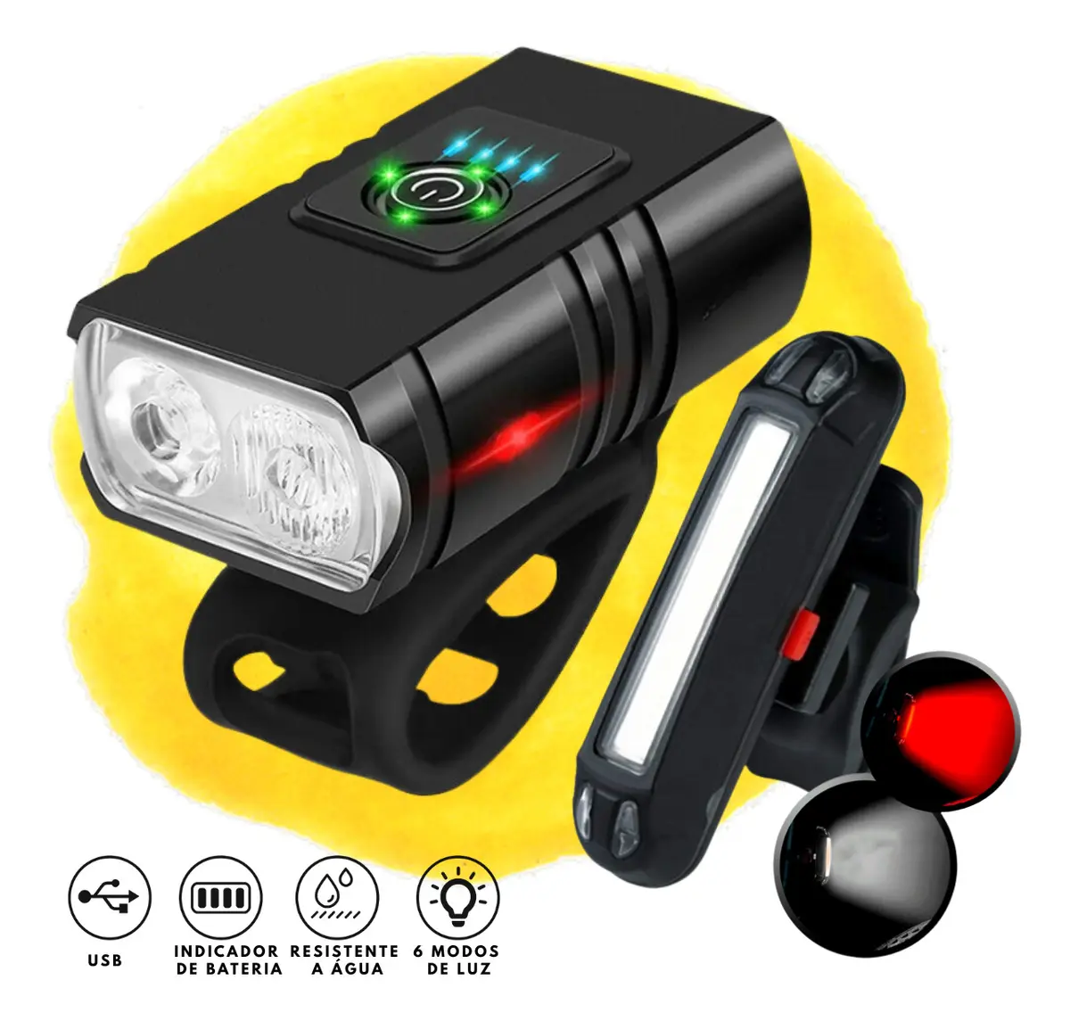 Kit Farol e Lanterna para Bike com LED Duas Cores, Recarregável USB e Impermeável