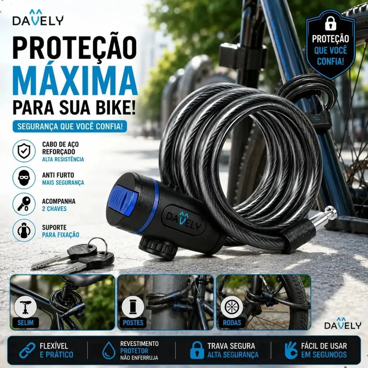 Cadeado Bicicleta Cabo de aço Corrente Prender bicicleta Reforçado Trava Segurança 1,5M Com Suporte Chave Corrente