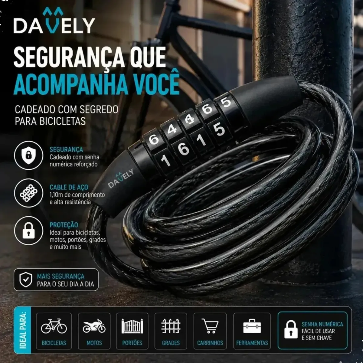 Cadeado Segredo Bike Trava Aço 1.10m Bicicleta Segura Trava Segurança Cadeado Para Bicicleta