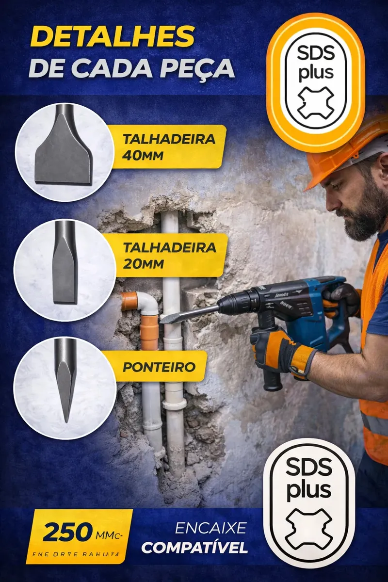 Sds Plus Martelete Ponteiro E Talhadeiras Jogo 3 Peças 20mm E 40mm Profissional