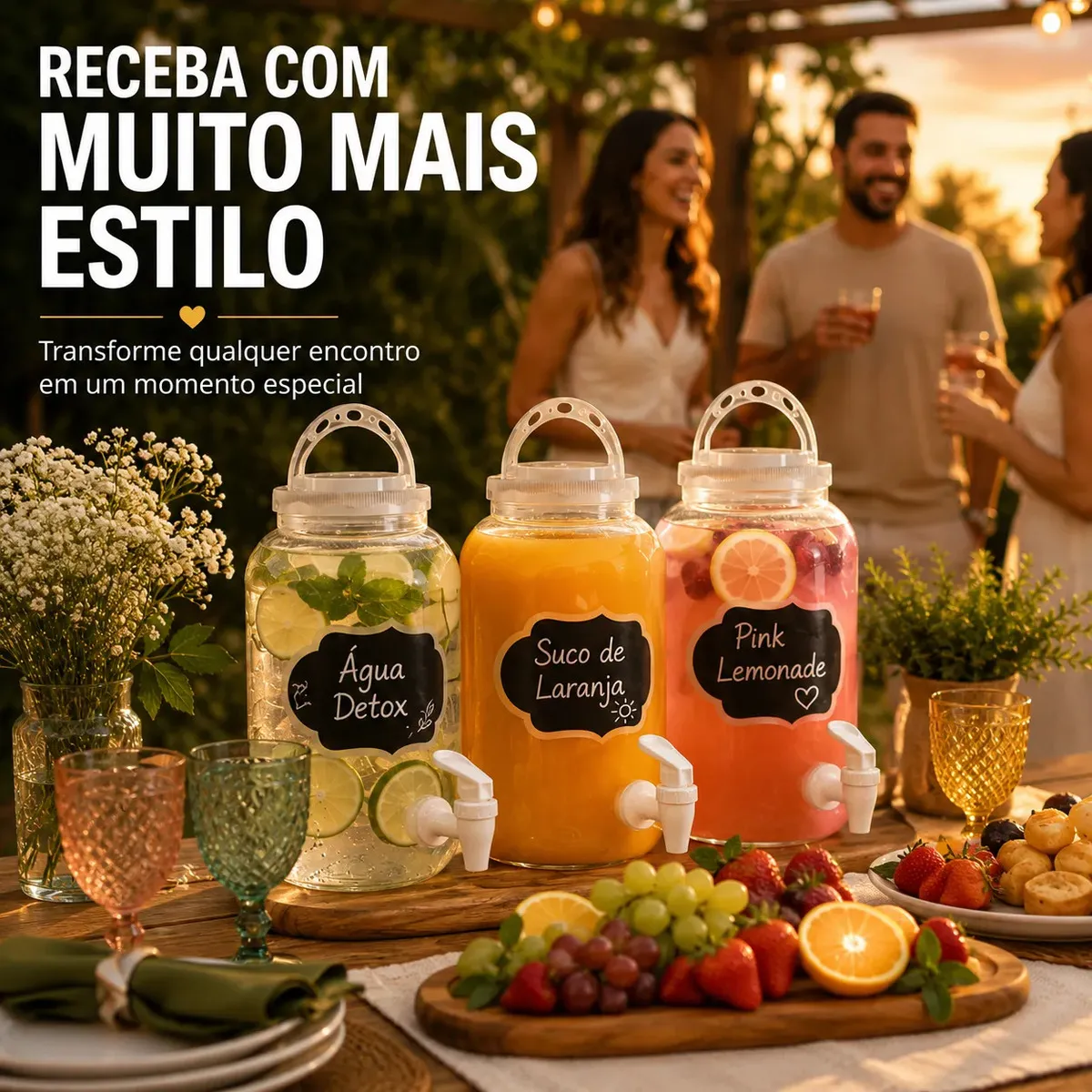 Kit 3 Suqueira Dispenser Bebidas 3,6 Litros Com Torneira Tampa Plástico Festa Garrafa De Agua Branca