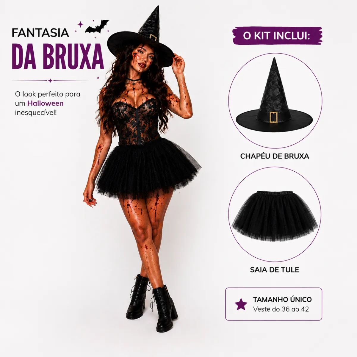 Fantasia Bruxa Adulto Feminina Chapéu + Saia Halloween Festa